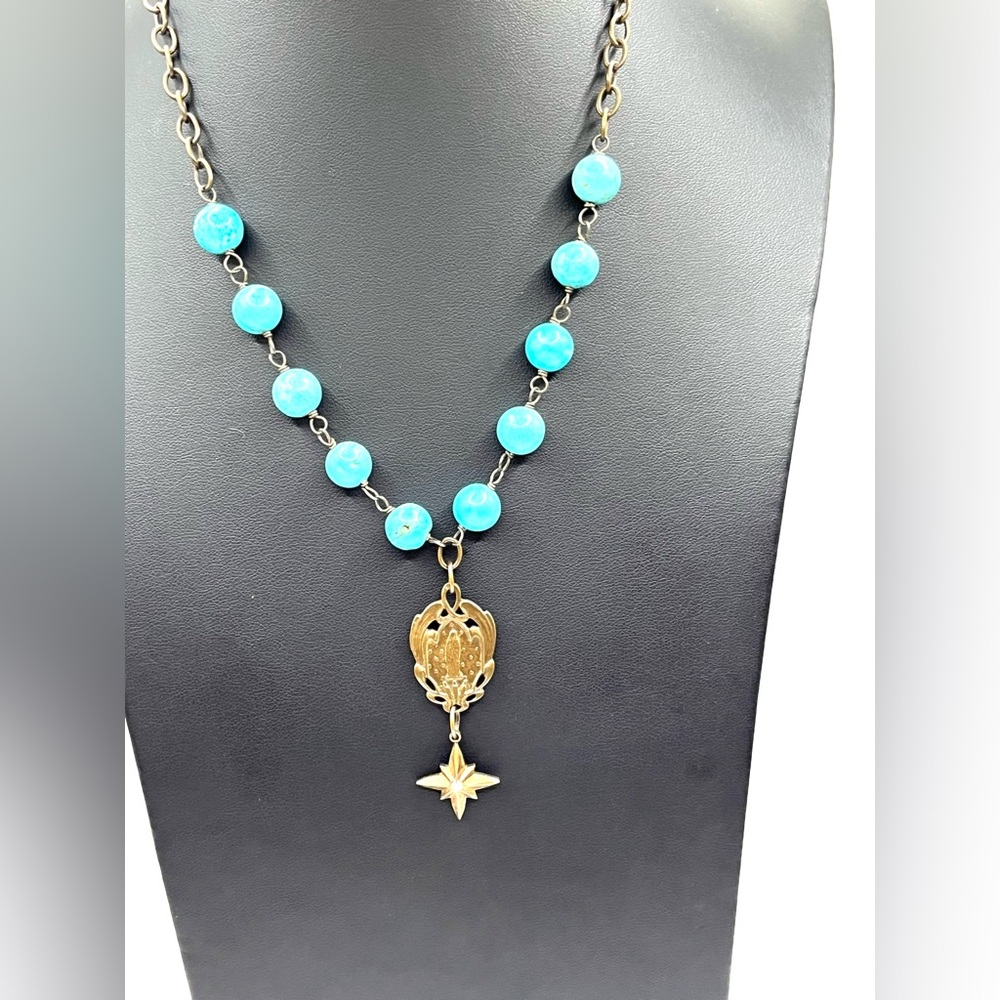 Religious Necklace Our Lady of Lourdes Prayer and Star Charm in Brass and Blue